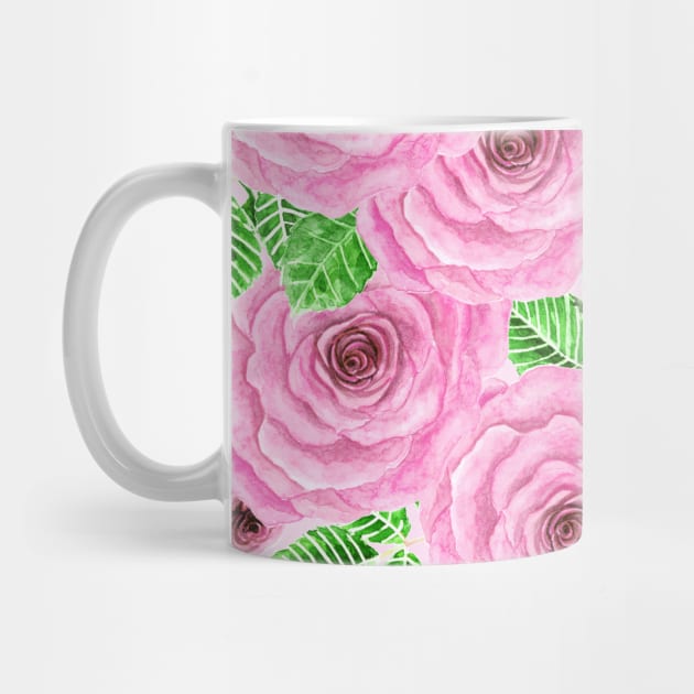 Pink watercolor roses with leaves and buds pattern by katerinamk